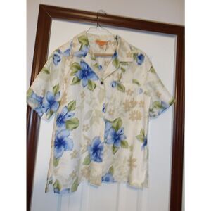 Joe Marlin Floral Print shirt White Blue Flowers‎ Summer  Short Sleeve